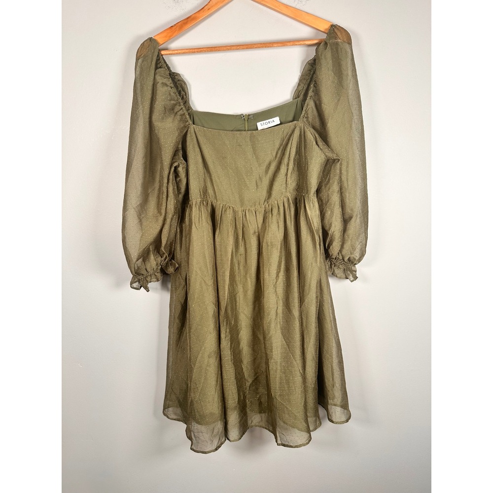 Storia Babydoll Dress Women L Olive Green Clip Dot Puff Sleeve fairy JD2443AD